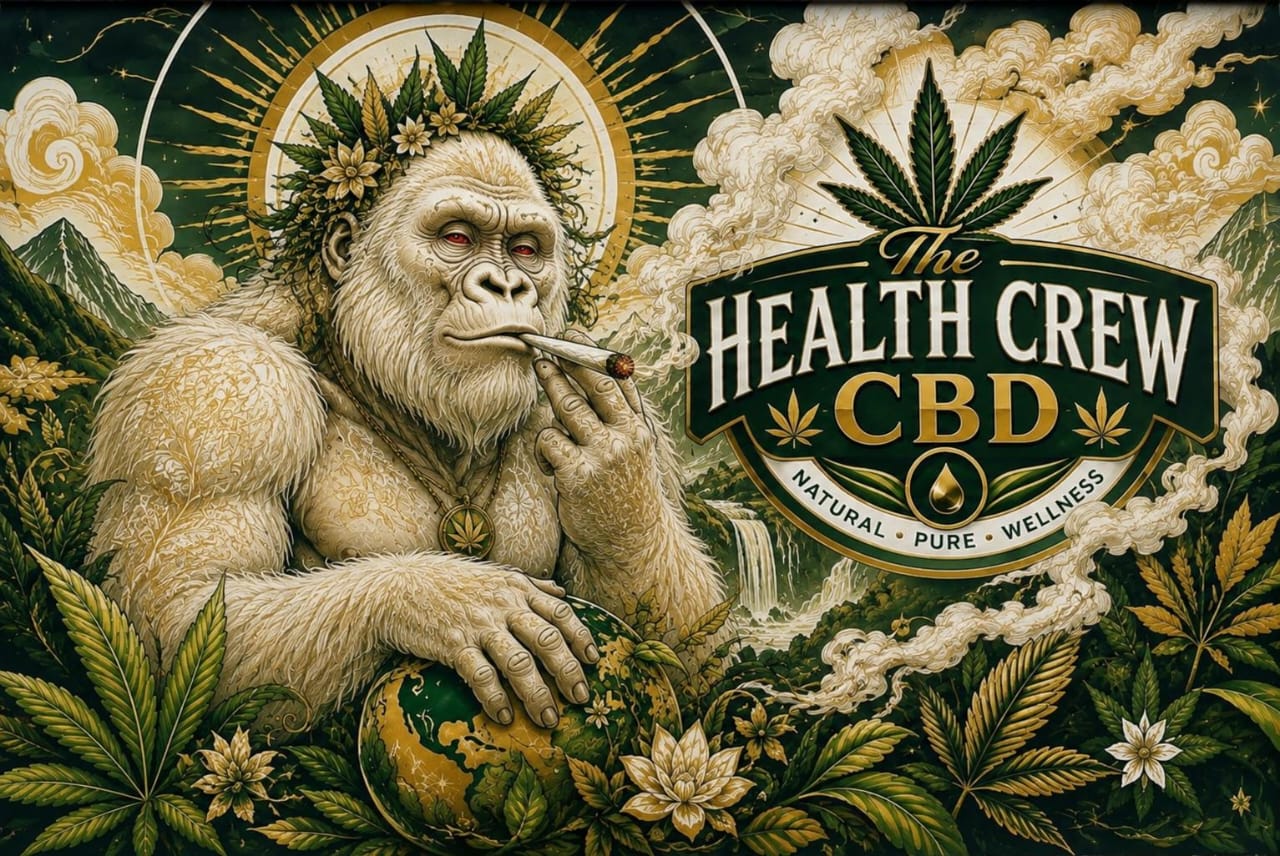 The Health Crew CBD botanical artwork and brand emblem
